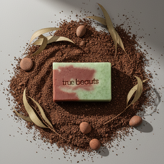True Beauts green and brown soap bar on brown powder with dried leaves and small stones