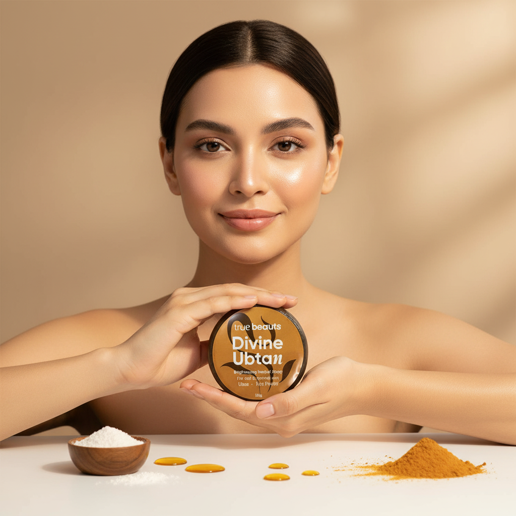 Smiling woman holding Divine Ubtan skincare face paste jar with turmeric and honey on white table