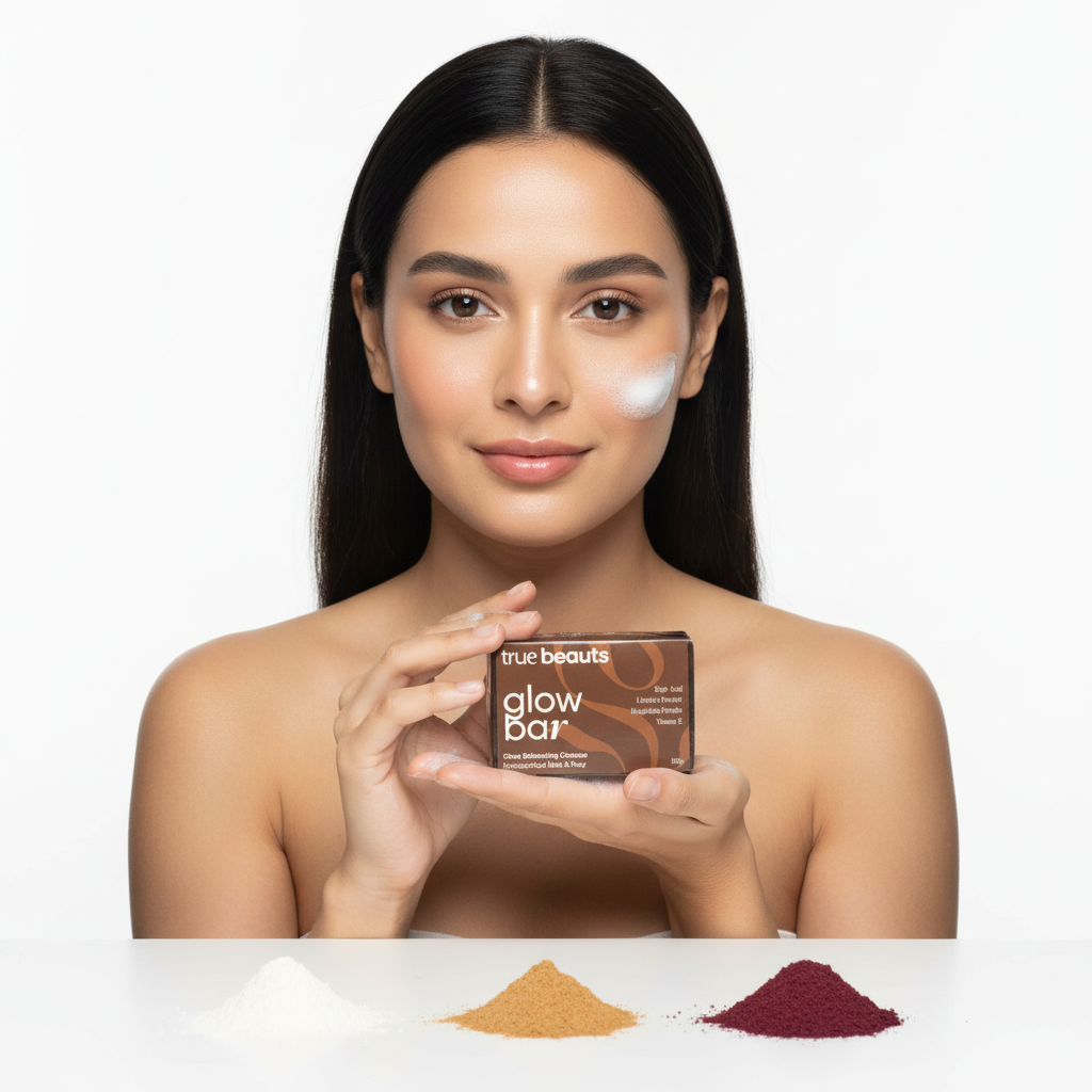 Woman holding True Beauts Glow Bar soap with cream on cheek and colorful powders on white surface