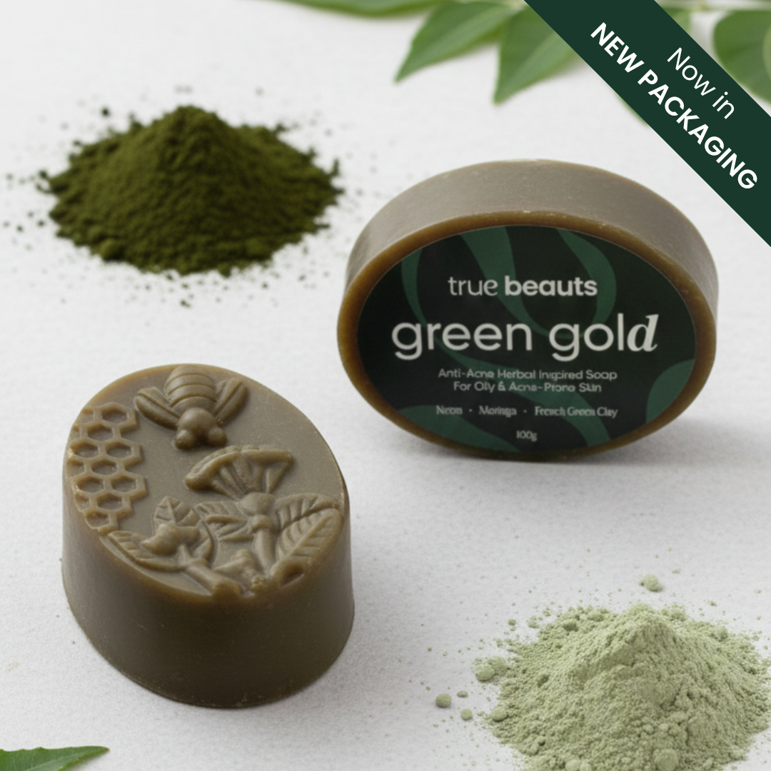 True Beauts green gold anti-acne herbal soap with bee and floral design, new packaging label
