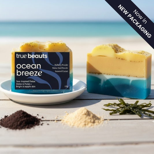 True Beauts Ocean Breeze detox soap with mulberry and seaweed powders, beach background