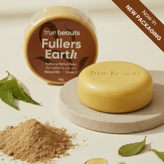True Beauts Fullers Earth herbal soap with new packaging, powder, and neem leaves