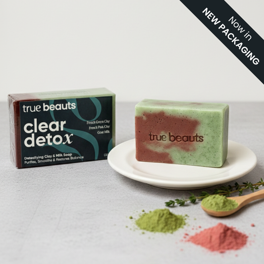 True Beauts Clear Detox clay and milk soap bar with new packaging, green and brown swirled soap on white plate