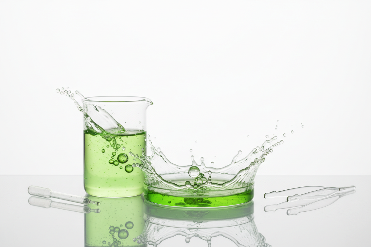 A clean, high-end laboratory-style ingredient visual featuring seaweed extract in translucent green liquid form, with floating molecular droplets, soft water splashes, and a bright white background without any text