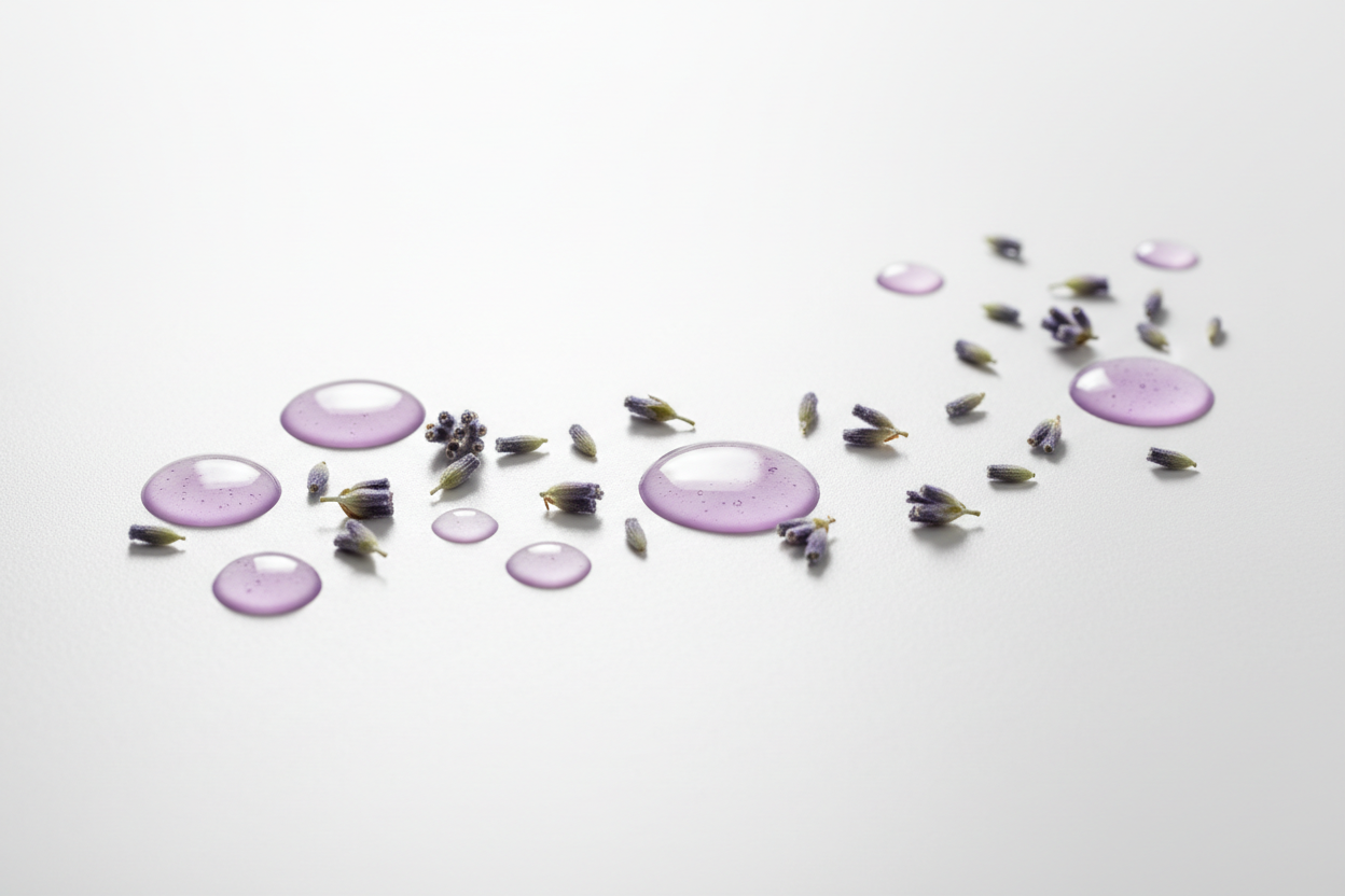 A clean, minimal ingredient visual of lavender oil shown as clear or soft purple-tinted droplets and lavender buds on a pure white background, smooth and aesthetic