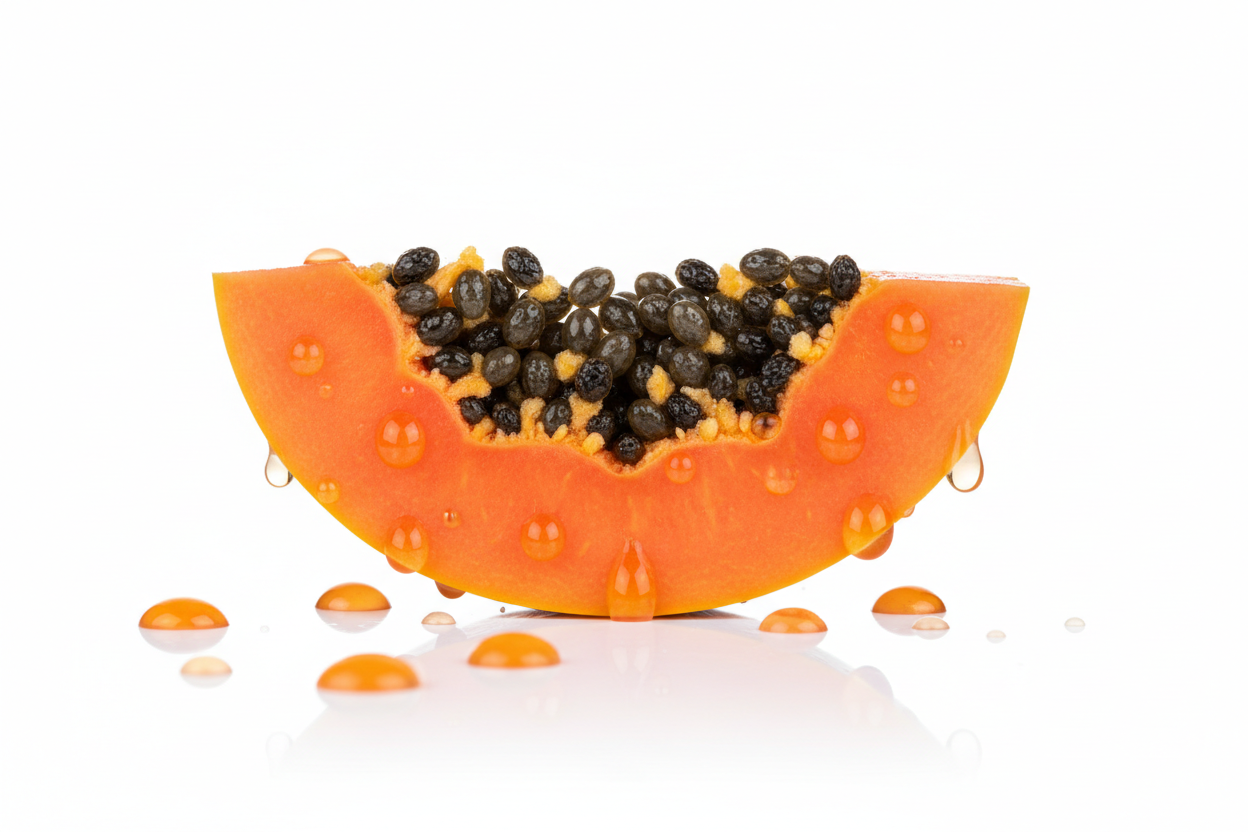 A luxury skincare ingredient visual featuring a fresh papaya slice with glossy translucent orange serum droplets on a bright pure white background.