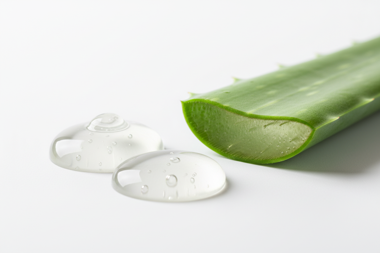 A luxury skincare ingredient visual showing fresh aloe vera gel as glossy transparent droplets with a sliced aloe leaf on a bright pure white background