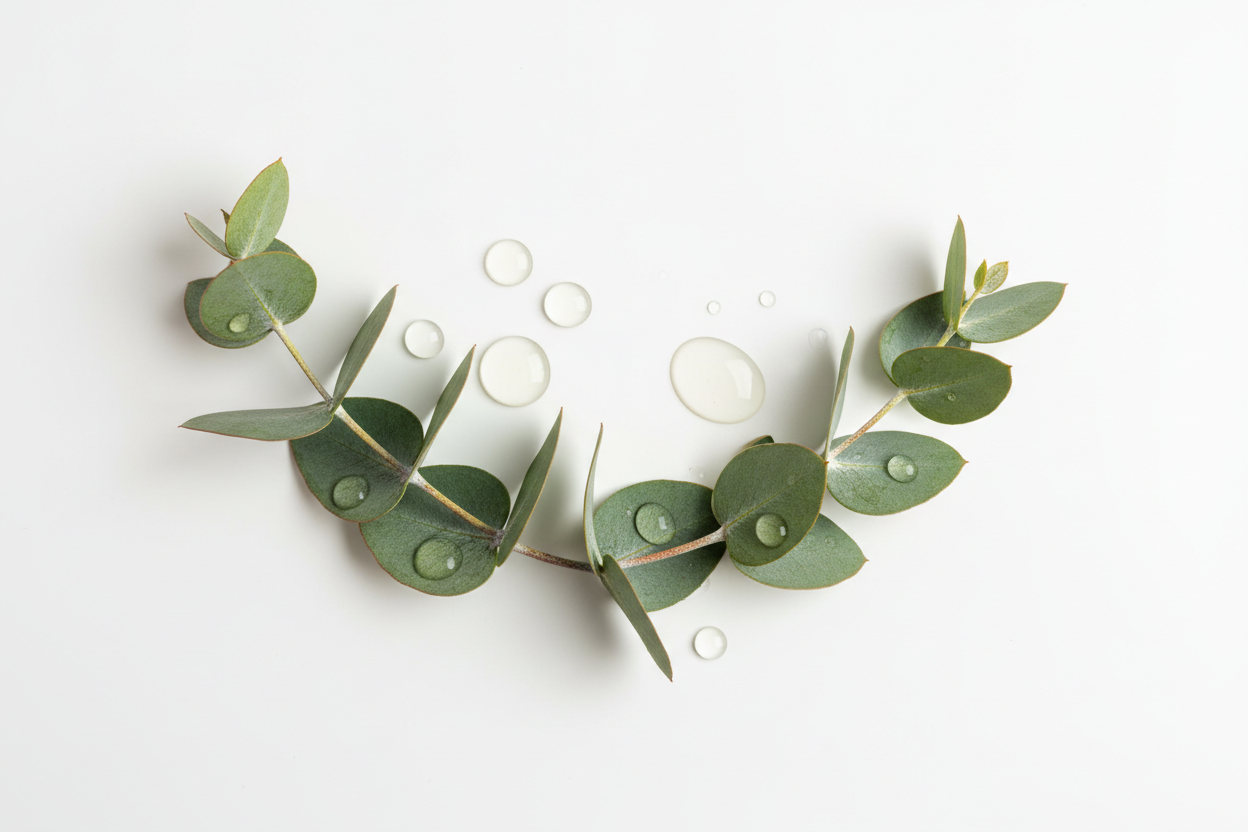 A minimal ingredient visual featuring fresh eucalyptus leaves arranged aesthetically with clear glossy eucalyptus oil droplets on a pure bright white background.