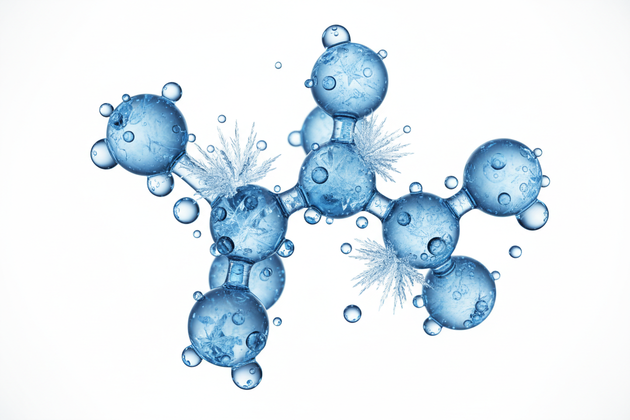 A premium molecule-style menthol ingredient image with frosty blue molecular spheres, subtle ice textures, and glossy cooling droplets on a pure white background without any text