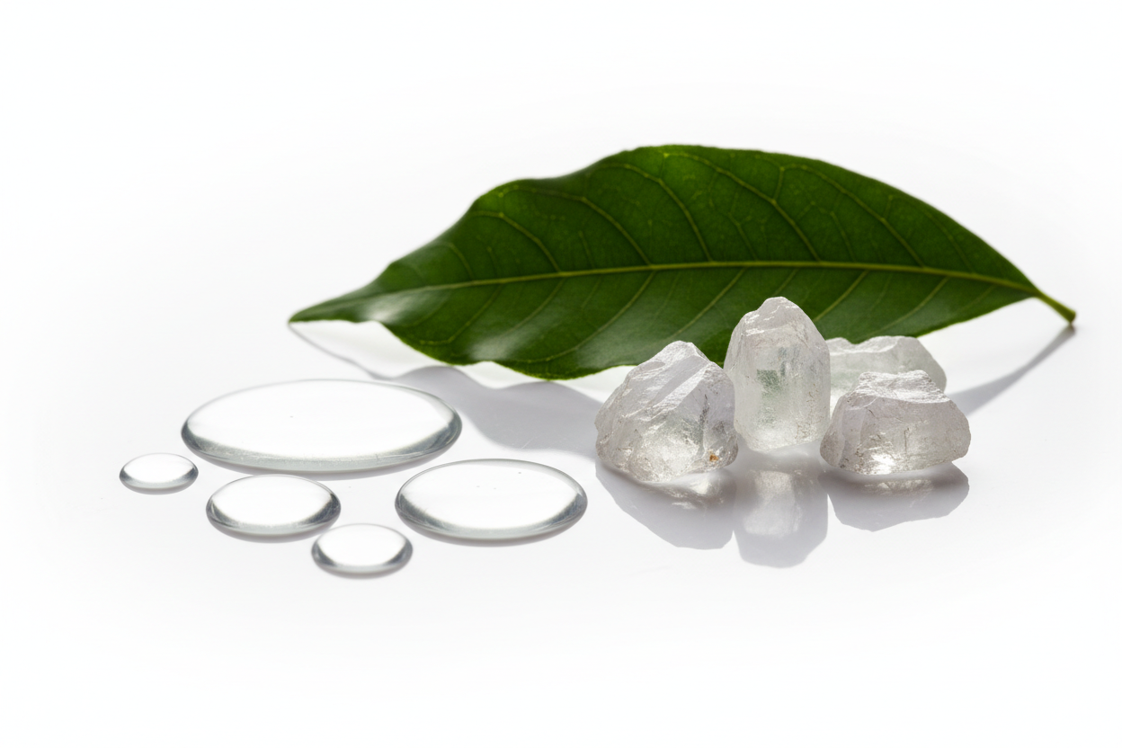 A premium white-background image showing glossy camphor oil droplets placed near translucent camphor crystals and a fresh camphor leaf, simple and elegant.