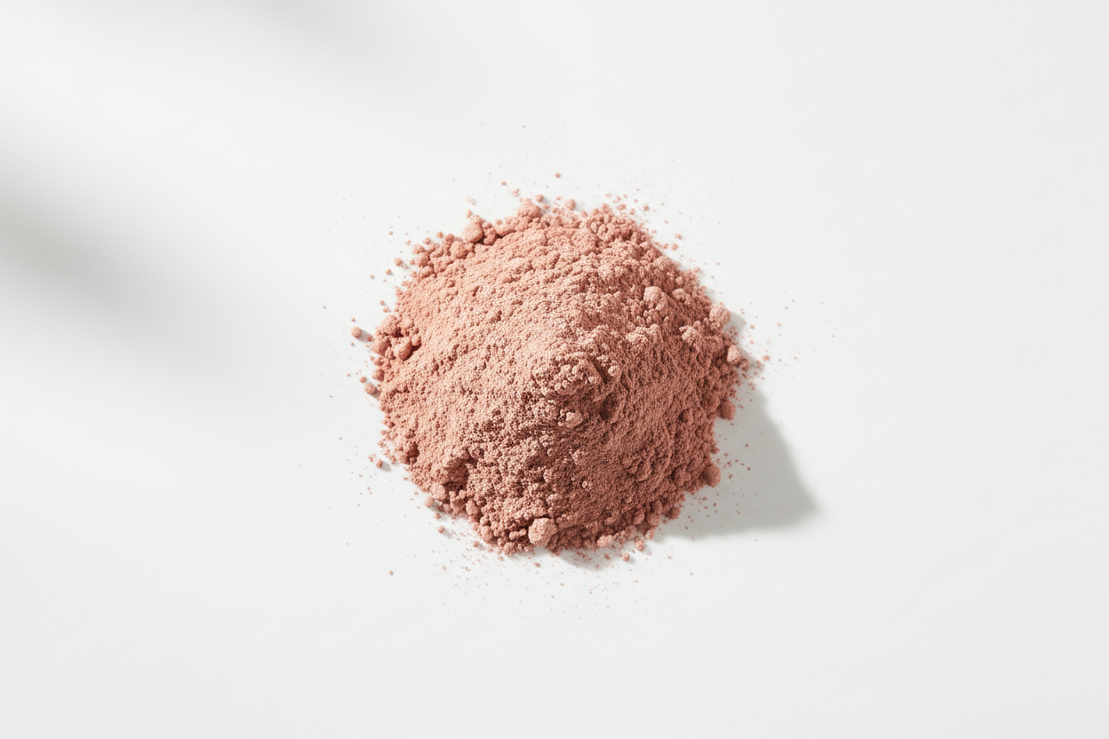 A simple, clean image of French pink clay powder arranged in a soft, natural mound on a pure white background, with gentle shadows and no text or extra elements