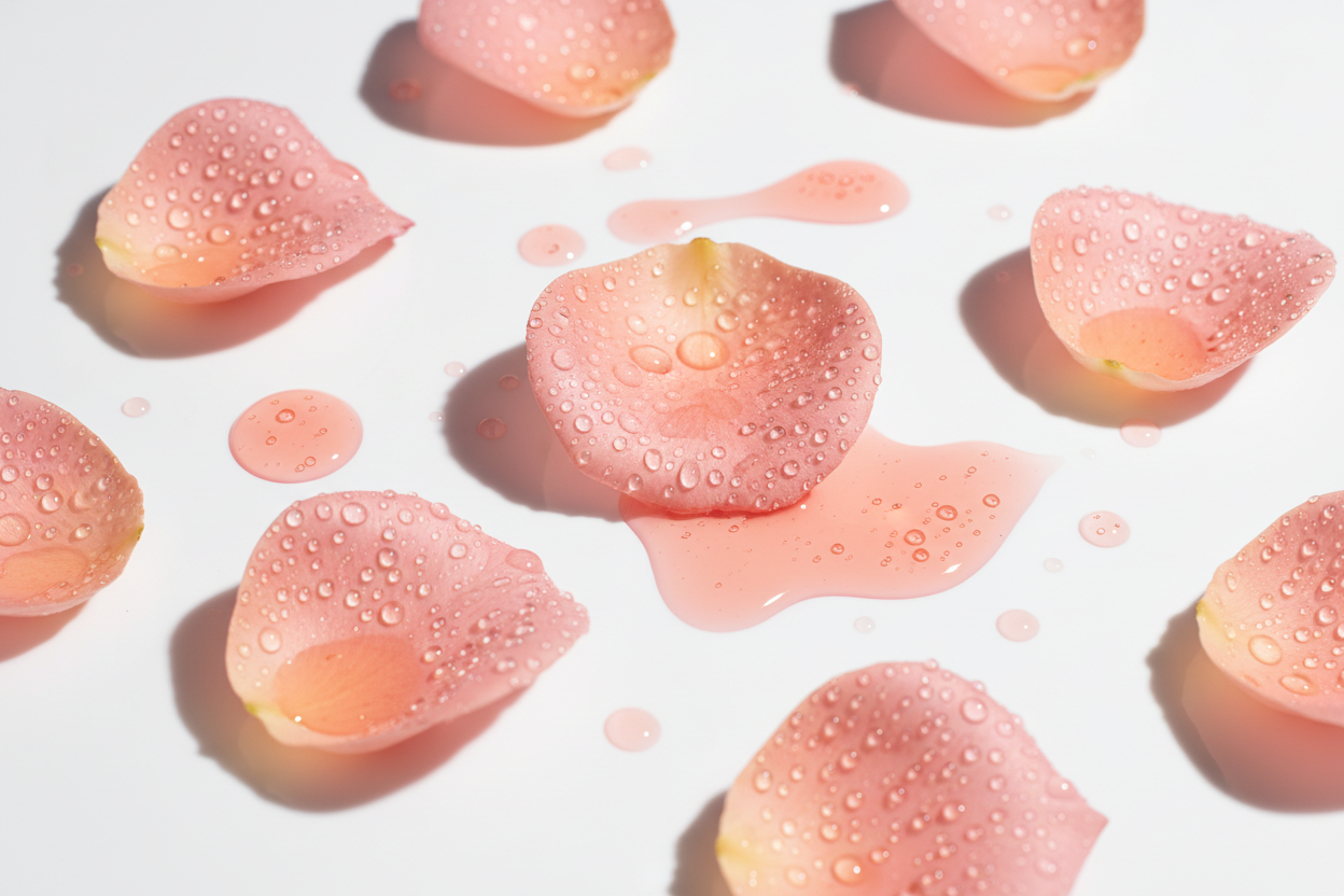 A sleek ingredient shot of rose oil displayed as warm pink-tinted glossy rose petals on a bright white background, simple and elegant."