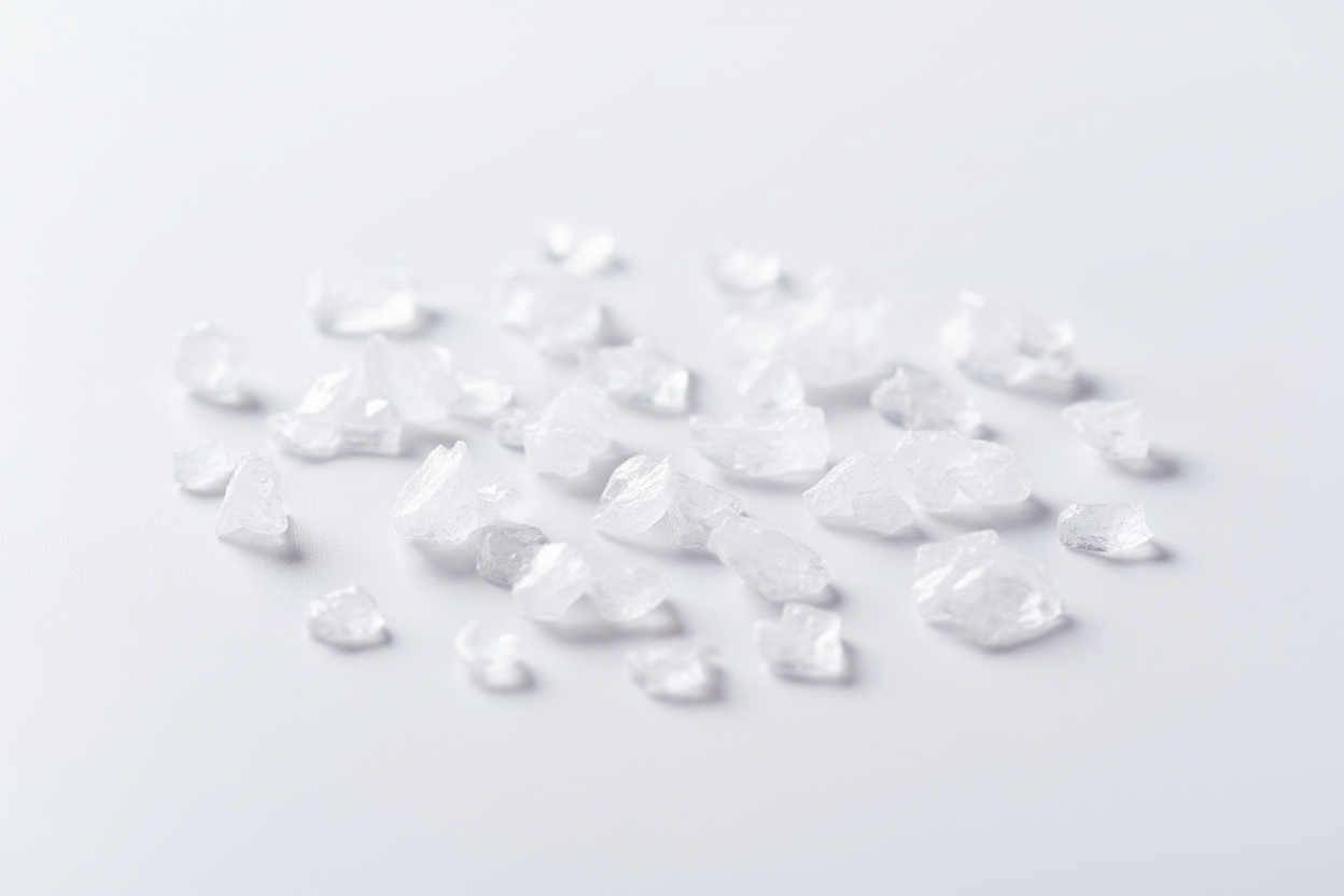 A high-end skincare ingredient visual of allantoin shown as translucent white crystalline flakes with soft reflections on a bright, pure white laboratory background.
