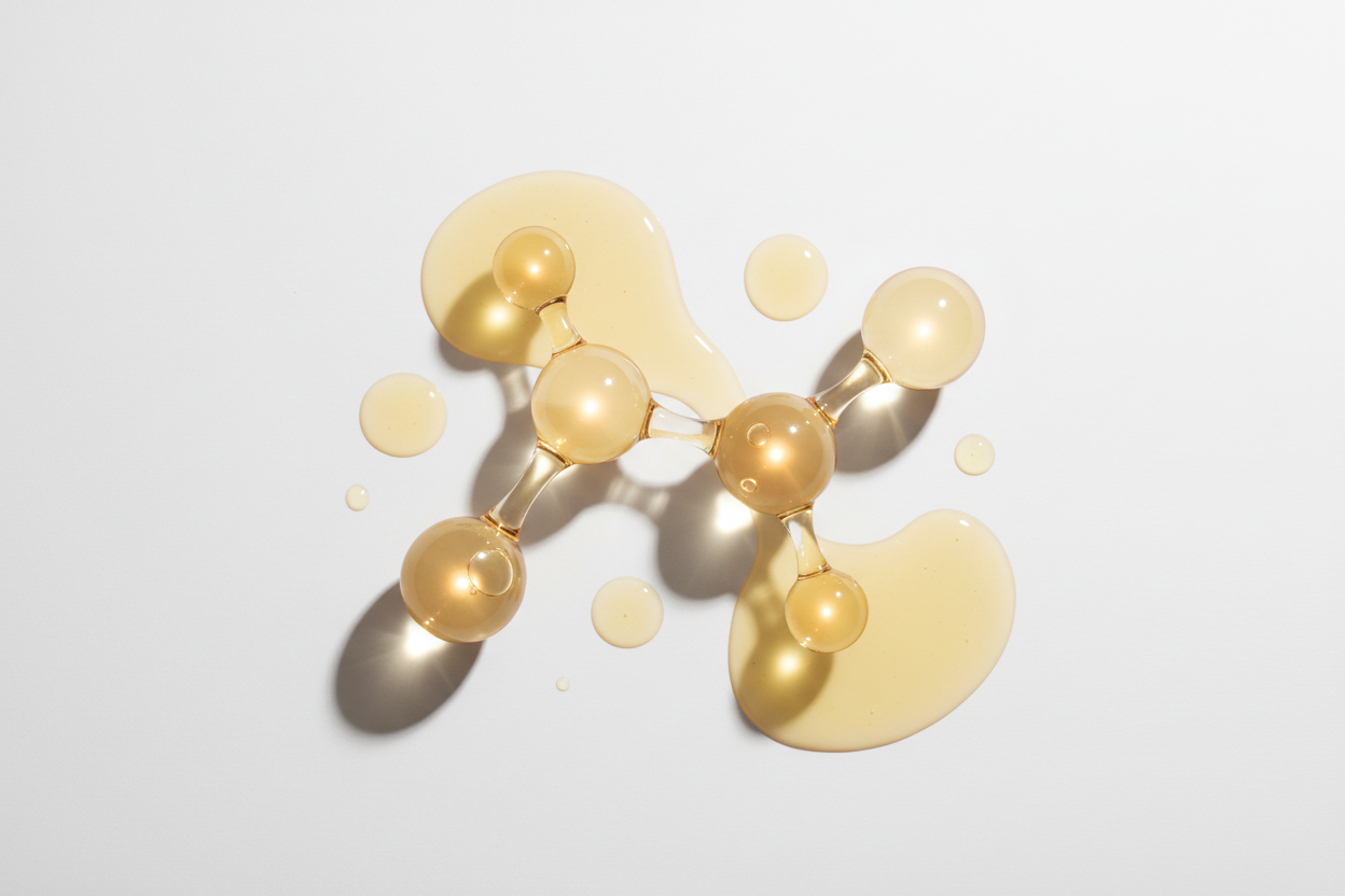 A premium cosmetic-science image representing glycolic acid through pale yellow transparent molecular spheres and smooth liquid droplets on a pure white surface.