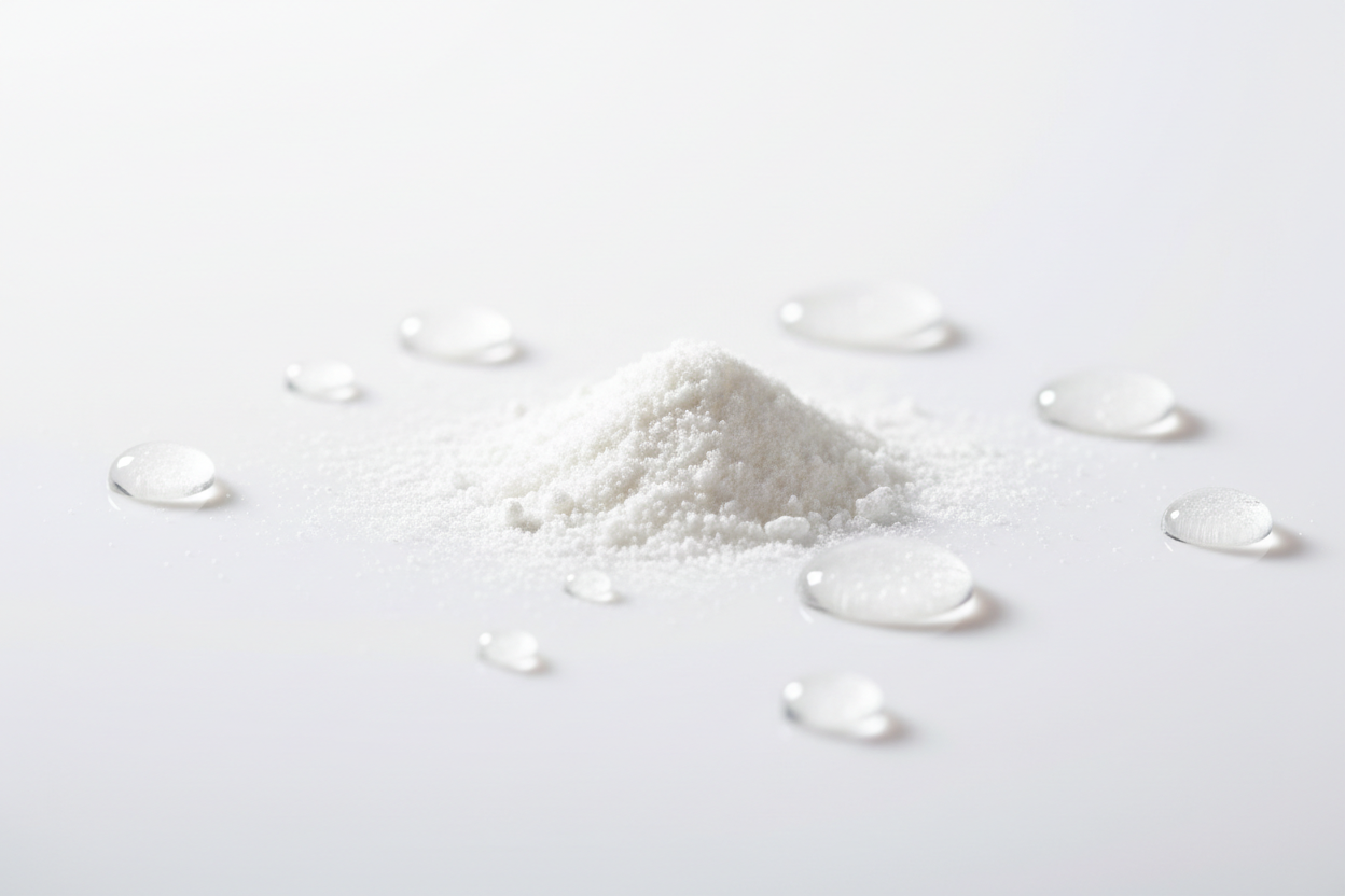 A clean laboratory-style kojic acid ingredient image featuring fine white powder with clear serum droplets and soft reflections on a pristine white surface