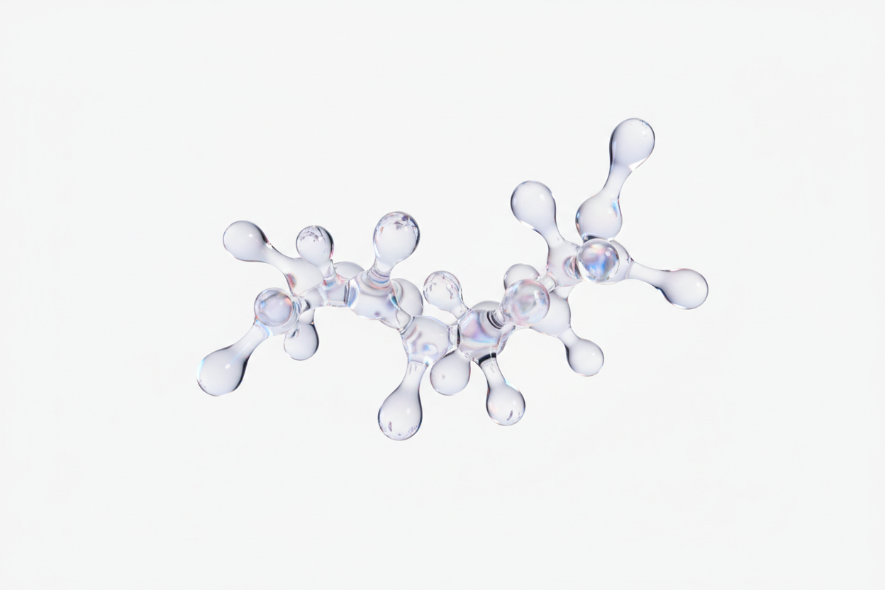 A minimal luxury ingredient graphic showing niacinamide represented through soft translucent molecular clusters and clean light refractions on a pure white background. without any text