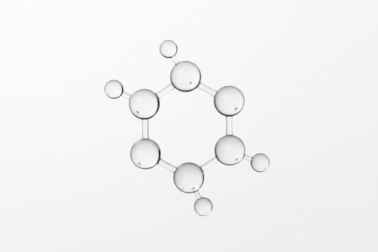 A luxury cosmetic-science graphic representing salicylic acid through translucent molecular spheres with soft light refraction on a pure white backdrop