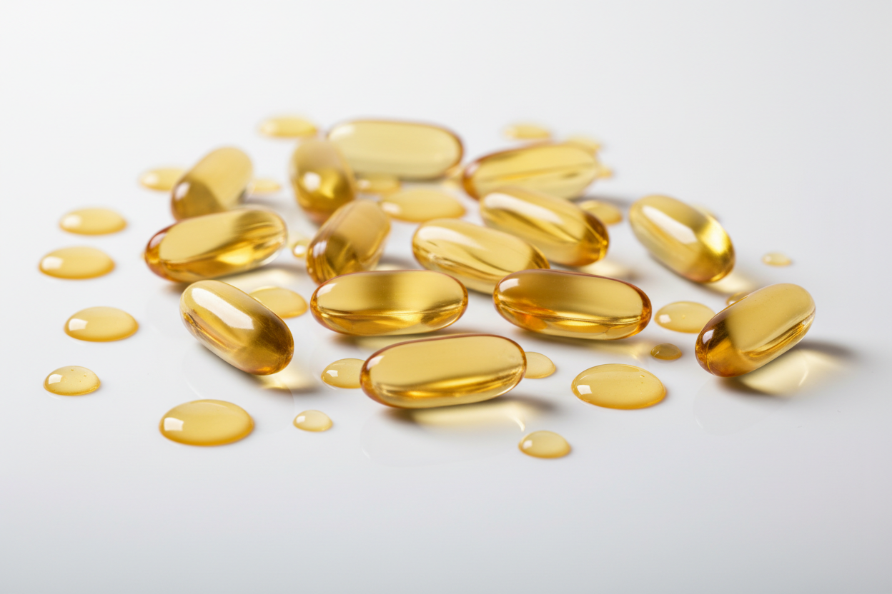 A premium cosmetic-science image of Vitamin E represented through transparent golden capsules and smooth oil droplets resting on a pristine white surface.